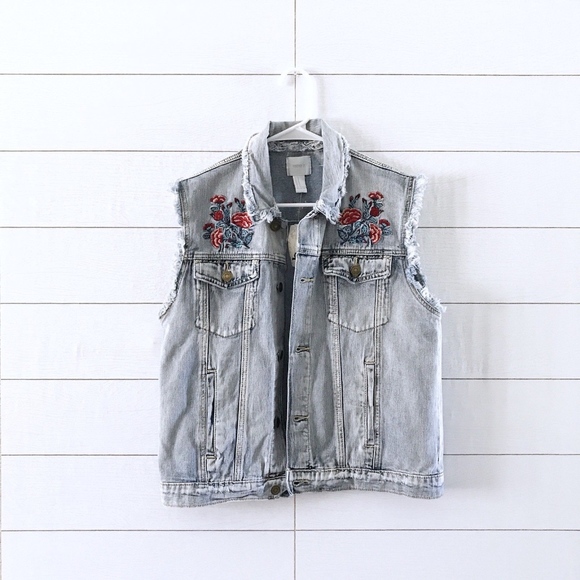 Forever 21 Blue Floral Embroidered Fray Denim Vest - Picture 2 of 8